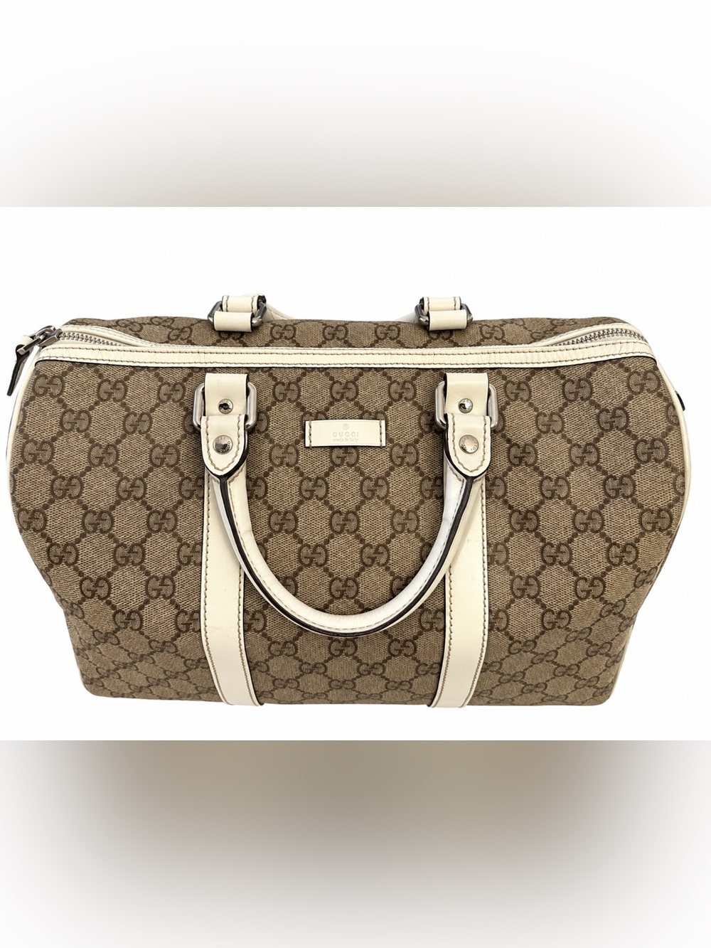 Gucci GG Supreme Canvas Joy Medium Boston Bag w/ Off-White Leather Trim